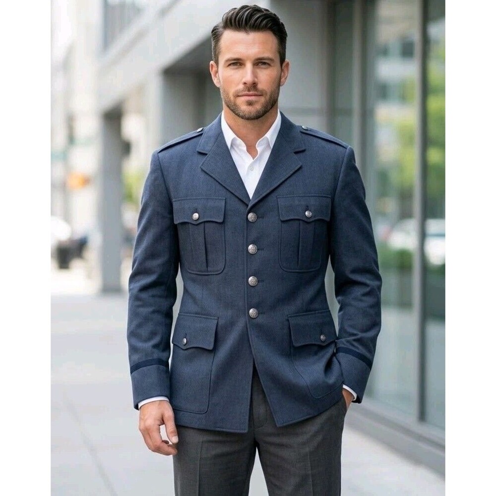 Vintage USAF Air Force Service Dress Blue Uniform Coat Jacket Mens 40L 4-Pocket